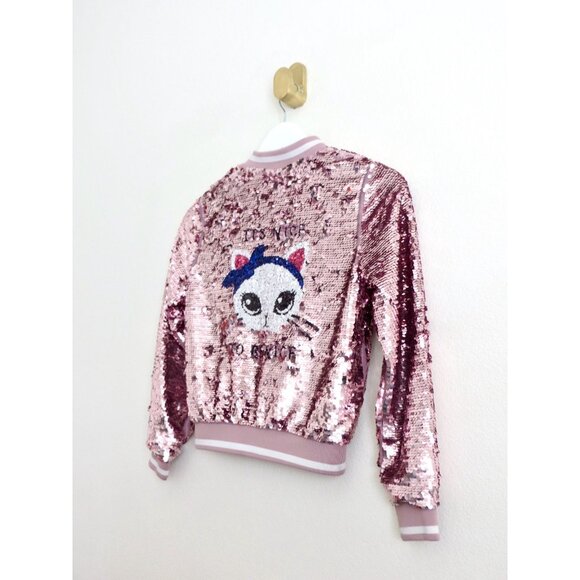 NEW! H&M Cat Sequin Bomber Jacket Pink Girls SZ 9-10 Years - Picture 2 of 6